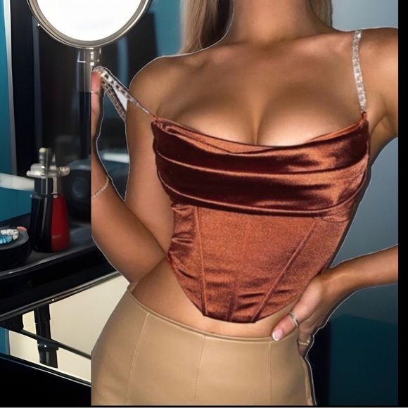 Unique Brown Sugar Front Drape Asymmetrical Bustier Corset W/Diamond On Strap - Picture 1 of 9
